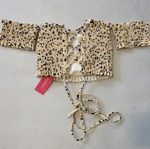 Xhilaration Women's Swimsuit Top w/ Sleeve Wings - Beige Leopard Size Medium NWT